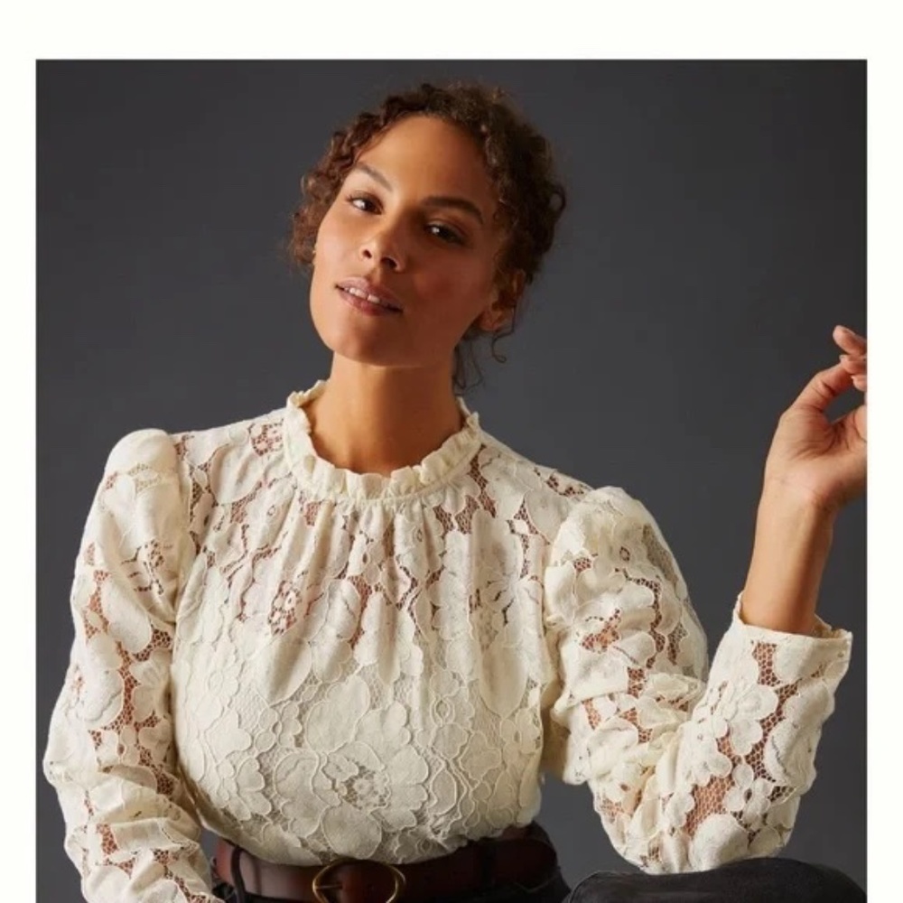 Mare Mare x Anthropologie Sheer Lace Ruffle Neck Blouse Size X Large Cream NWT - Picture 4 of 11